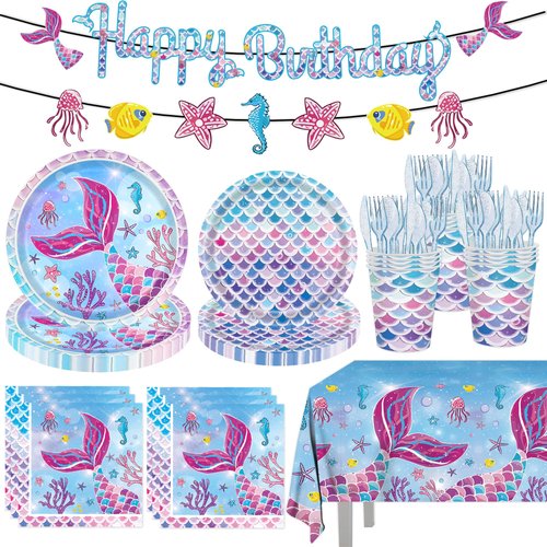 SJJPDYY 170Pcs Mermaid Birthday Party Decorations Set Mermaid Party Supplies Includes Plates, Napkin, Fork, Cup, Tablecloth, Banner for Baby Shower Ocean Birthday Party Decorations, Serves 24