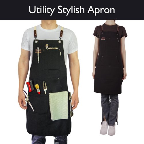 Stenffy Handmade Work Apron, Cotton Canvas, Multiple Pockets, Adjustable Cross Back Weight Apron, BBQ Cafe Kitchen Painting Carpenter Artist Apron, Aprons for Men Women, Sizes M to XXL, Black