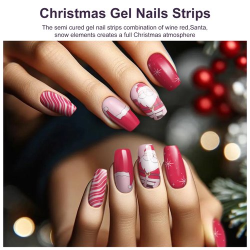 DUKASOU Semi Cured Gel Nail Strips,28 pcs Christmas Nail Stickers Full Nail Wraps,Long Lasting Gel Nail Strips with Any UV Light,Red Santa Sticker for Nails Easy to Apply
