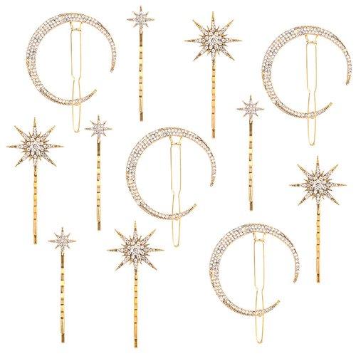 Hedume 12 Pack Stars and Moon Hair Clips, Vintage Rhinestone Hair Pin, Metal Alloy Diamond-studde...