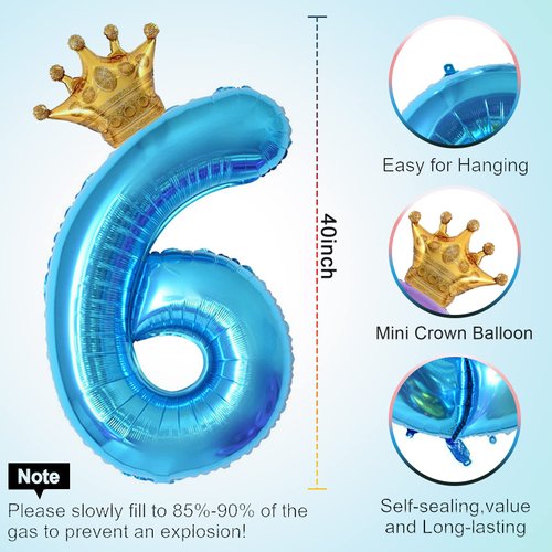 40 Inch Blue Number 6 & Mini Crown Balloon for Birthday Party Decorations, 6th Birthday Party Decorations Blue Theme Party Balloons Decorations Supplies