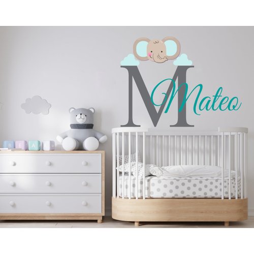 Nursery Elephant Face Custom Name & Initial Wall Decal - Personalized Name Wall Art Decor - Nursery Wall Sticker - Wall Decal for Baby Room playroom Decoration (Wide 40"x29" Height Inches)