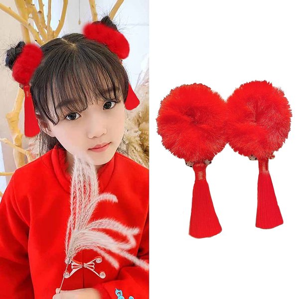 Chinese Hair Accessories Set | Fluffy Ball & Tassel Hair Clips | 2-Piece Set for Christmas & Festive Occasions - Long Red Tassels