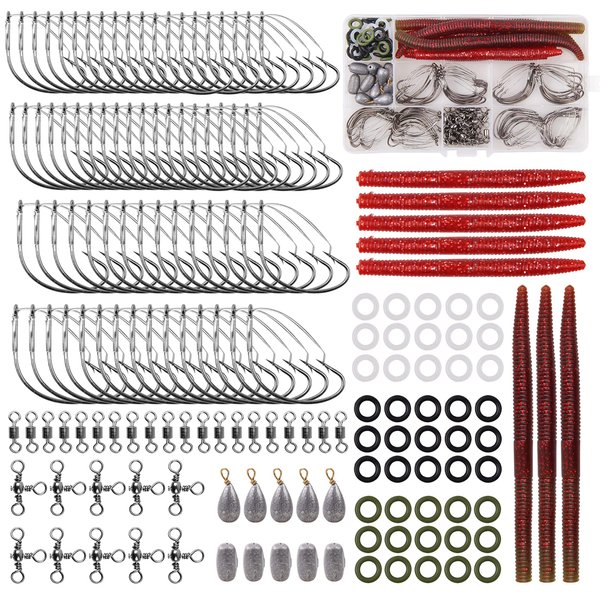 Wacky Rig Worm Hooks Kit – 163pcs Bass Fishing Wacky Worms Weedless Hooks O Ring Fishing Sinkers Fishing Swivels for Artificial Soft Stick Baits