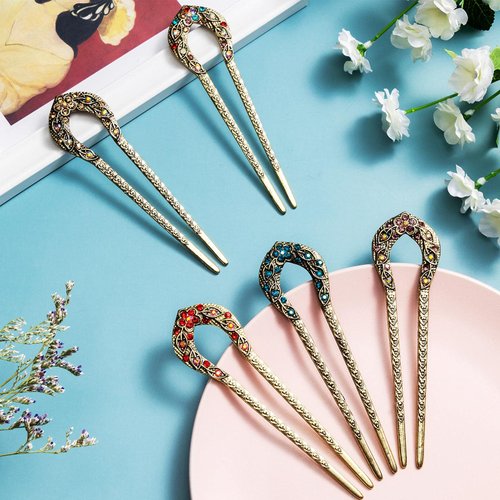 Waydress 5 Pcs Vintage Hair Fork French Hair Pin for Buns Metal Chignon Pin Hair Chopsticks Crystal Rhinestone Double Prong Hairpin Stick U Shaped Hair Bun Accessories for Women(Elegant Pattern)