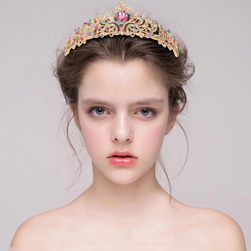 CIEHE Crystal Crown Gold Tiaras for Women, Multicolor Rhinestones Princess Crown with Combs for Birthday Girl, Prom Crown Wedding Tiara Halloween Costume Party Decorations