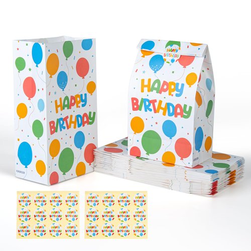 HURSROOR Happy Birthday Party Favor Bags (24 Pack), Kraft Paper Goodie Bags Candy Bags Gift Bags Treat Bags Goody Bags, Birthday Decorations Party Supplies for Kids Girls Boys (G)