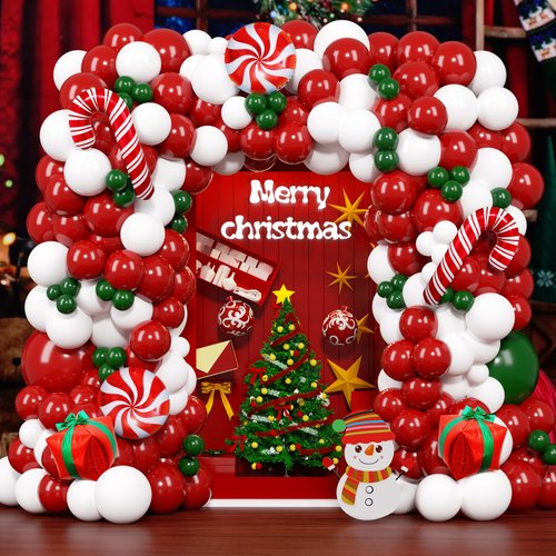 MOMOSHERO Christmas Balloons Arch Garland Kit, 131Pcs Red White Green Balloons Snowman Gift Box Candy Cane Foil Balloon for Birthday Baby Shower Party Decorations Supplies