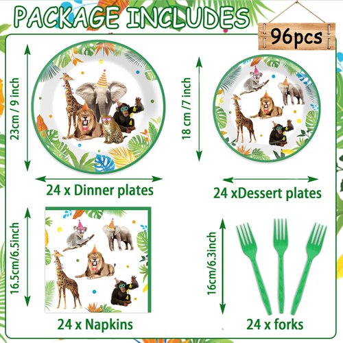 96Pcs Jungle Birthday Party Plates and Napkins Safari Animals Themed Party Decorations Jungle Theme Party Disposable Tableware Set for 24 Guests Wild Animals Gold Safari Zoo Birthday Favors Supplies