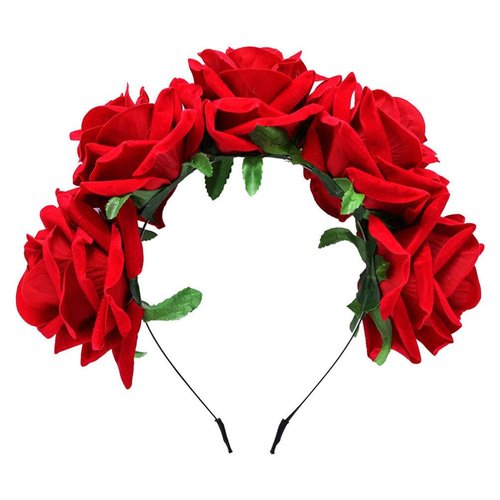 Beaupretty Red Flower Crown Day of the Dead Headpiece Wedding Hair Garland Rose Floral Hair Band for Halloween Party Cosplay