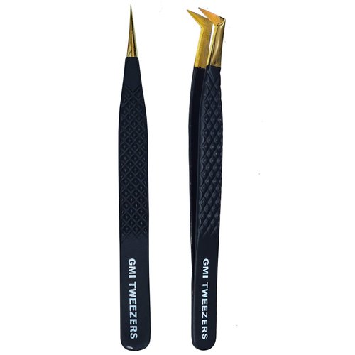 2pcs Black Straight and L-Shaped (Boot) Gold Pointed Eyelash Tweezers for Lash Extension - Stainless Steel Precision Tweezers for Volume and Classic Lashes - False Eyelash Extension Kit.