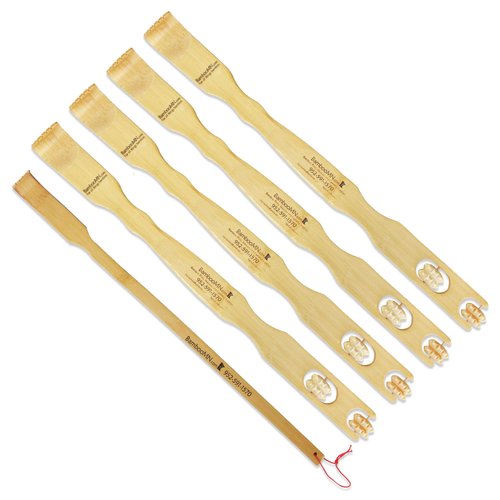 BambooMN 4 Pieces 17 Inch Bamboo Backscratcher Knobby Massage Roller Handle Plus Free Travel Size Back Scratcher for Itching Relief, 100% Natural Bamboo