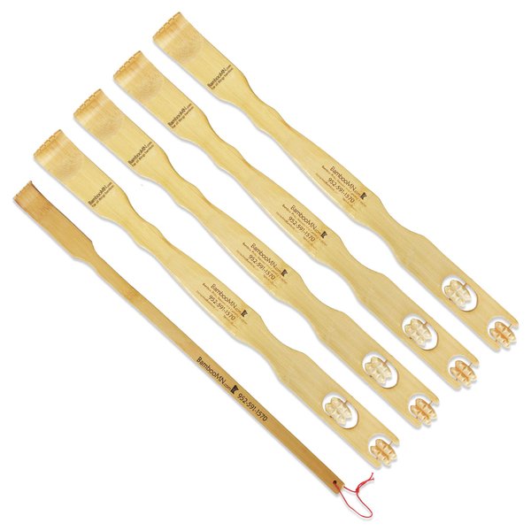 BambooMN 4 Pieces 17 Inch Bamboo Backscratcher Knobby Massage Roller Handle Plus Free Travel Size Back Scratcher for Itching Relief, 100% Natural Bamboo