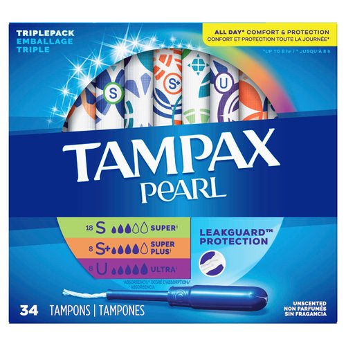 Tampax Pearl Tampons Trio Pack, Super/Super Plus/Ultra Absorbency with BPA-Free Plastic Applicator and LeakGuard Braid, Unscented, 34 Count