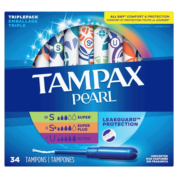 Tampax Pearl Tampons Trio Pack, Super/Super Plus/Ultra Absorbency with BPA-Free Plastic Applicator and LeakGuard Braid, Unscented, 34 Count