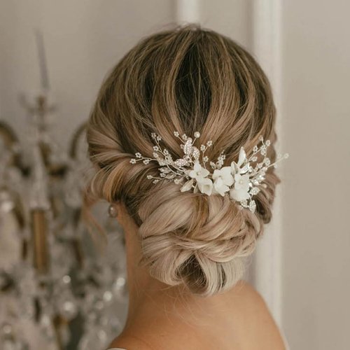 CASOLVX Bridal Hair comb White Rose Crystal Flower Hair Accessories Suitable for Wedding Brides and Women