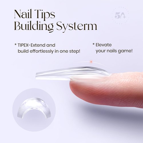 Five Angeles Tipex Instant Apex Nail Tips,Pre-color Press-on Nails Long Coffin Thicker Acrylic Nails,Strong Clear Full Cover Gel Nail Pre-etched False Nail Extensions,Matte Underside for Flat Nails