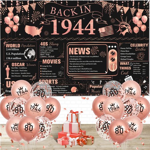 Rose Gold 80th Birthday Decorations for Women, 19Pcs Rose Gold Black Vintage BACK IN 1944 Banner and 80th Birthday Balloons for Cheers to 80 Years 1944 Anniversary Party Supplies Indoor Outdoor Decor