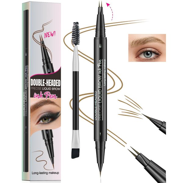 Upgrade Curved 2 Fork Tip Eyebrow Pen, Dual-Ended Forked Tip Eyebrow Pencil with Brush, Magic Microblading Eyebrow pencil,Precise Definition for Looking Brow-Create Natural Hair-Like Brows (01#)