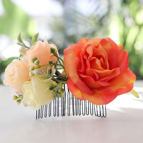 Fangsen Boho Black Sunflower Daisy Rose Buds Flower Hair Comb Elegant Wedding Floral Hair Accessories for Woman and girls (Orange)