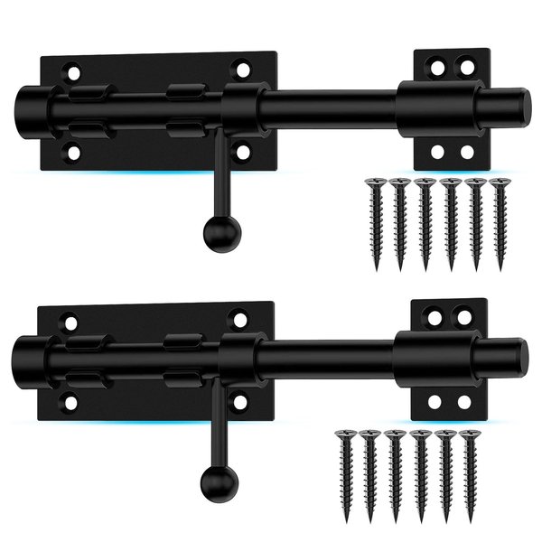 Slide Bolt Gate Latch, 7.8 Inch Heavy Duty Solid Stainless Steel Bolts Latches,for Fence, Yard Doors, Garages, Bedrooms, Cupboards and Window (2 Pack, Black)