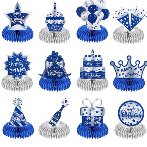 12 Pcs Happy Birthday Decorations for Men Blue Silver Honeycomb Centerpieces Party Supplies Paper Centerpiece Table Decorations Royal Table Centerpieces for Boys, Kids Party