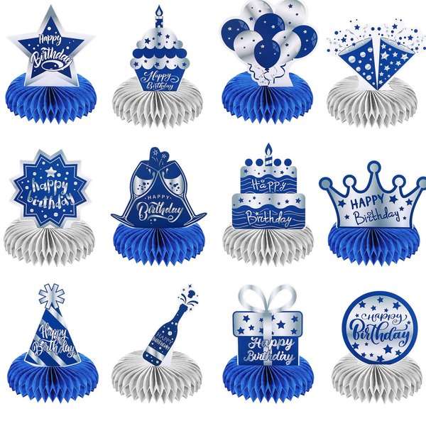 12 Pcs Happy Birthday Decorations for Men Blue Silver Honeycomb Centerpieces Party Supplies Paper Centerpiece Table Decorations Royal Table Centerpieces for Boys, Kids Party