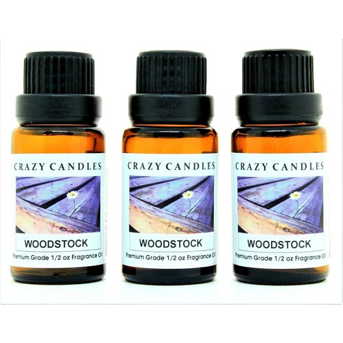 Crazy Candles Woodstock (Made in USA) 3 Bottles 1/2 Fl Oz Each (15ml) Premium Grade Scented Fragrance Oil (Blend of Patchouli, Sandalwood, Musk, Bergamot)