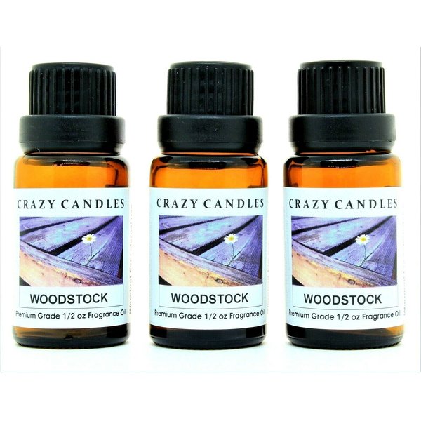 Crazy Candles Woodstock (Made in USA) 3 Bottles 1/2 Fl Oz Each (15ml) Premium Grade Scented Fragrance Oil (Blend of Patchouli, Sandalwood, Musk, Bergamot)
