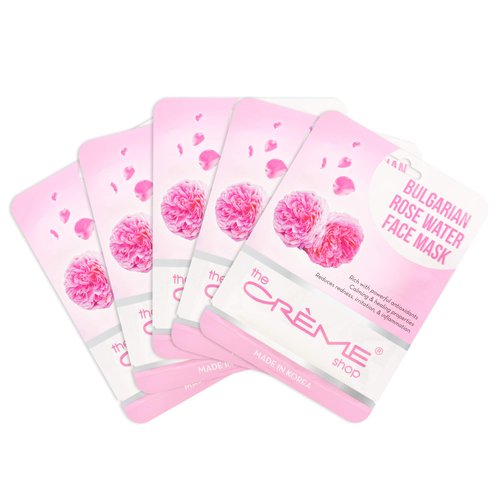 The Crème Shop - Bulgarian Rose Water Full Face Masks, Korean Facial Skin Care and Moisturizer - Hydrating, Smooth, Acne, Eczema cream Natural Beauty Essence - 5 Sheets Set