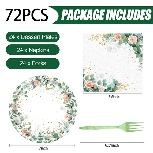 72 Pcs Floral Paper Plates and Napkins Party Supplies, Sage Green Party Plates and Napkins Tableware Set for Spring Summer Picnic Wedding Birthday Baby Shower Tea Party Decorations Serves 24 (Floral)