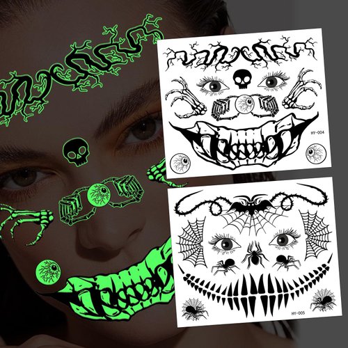 Halloween Face Tattoo Stickers Skeleton Mouth Tattoo Stickers Glow In The Dark Face Stickers Spider Web Tattoos Sticker Makeup Halloween Face Tattoo for Adult Face/Eye/Body Accessories（02）