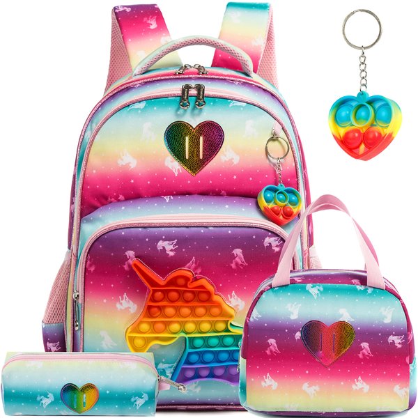 Meetbelify Unicorn Backpack for Girls Backpacks for Elementary Preschool Student with Lunch Box Pencil Case 3 in 1 Bookbag for Girls for School