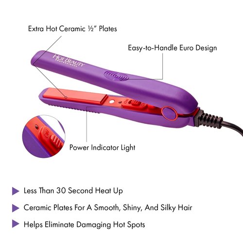 Hot Beauty Professional Ceramic Mini Flat Iron 1/2", Anti-Frizz, Fast Heating, Versatile Styling for Curly & Straight Hair, Ideal for Traveling with Travel Pouch (Violet)