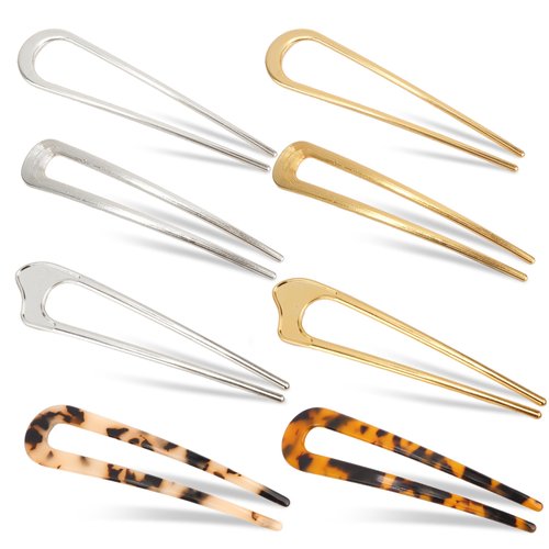 French Hair Pins for Women Chanaco 8Pcs Gold Silver Hair Accessories Metal Hair Sticks for Buns French U Shaped Twist Hairpin for Styling Decorative Hair Fork Hairstyles for Long Thin Thick Hair