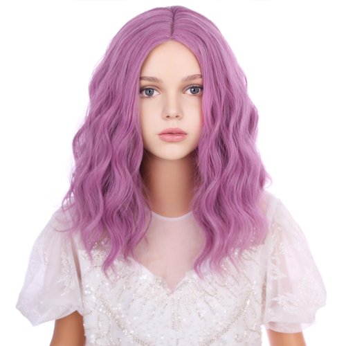 WAVELNM Purple Wigs for Kids Lavender Short Curly Wavy Wig for Child Girls Side Part Wigs Purple Mixed Pink Bob Wigs Synthetic Wig with Wig Cap