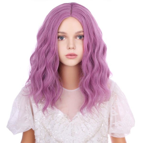WAVELNM Purple Wigs for Kids Lavender Short Curly Wavy Wig for Child Girls Side Part Wigs Purple Mixed Pink Bob Wigs Synthetic Wig with Wig Cap