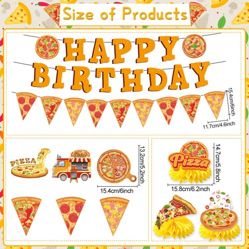 Refavor Pizza Birthday Party Decorations, Pizza Happy Birthday Banners Hanging Swirls and Honeycomb Centerpieces Decor, Pizza Themed Ceiling Table Decoration Supplies