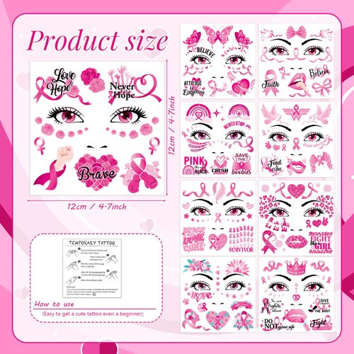 HOWAF 9 Sheets Breast Cancer Awareness Face Tattoos Pink Ribbon Waterproof Temporary Tattoos Stickers for Woman Hope Fight Breast Cancer Party Decorations Fundraising Event Face Body Accessories