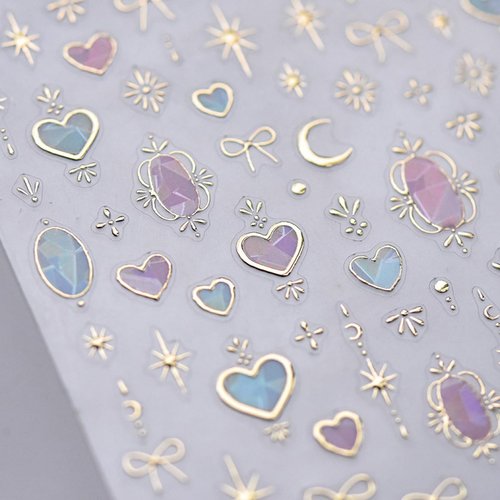 Heart Moon Nail Art Stickers Decals 3D Gold Bronzing Star Bow Nail Decals Star Moon Bow-knot Totem Luxury Design Nails Adhesive Sliders Shiny Manicure Accessories for Women Girls Nail Art Decorations