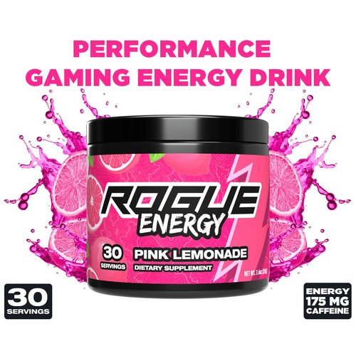 Rogue Energy Drink Powder for Long Gaming Hours - Gaming Energy Powder for Mental Focus - Sugar & Gluten Free - Gaming Supplement with Caffeine & Vitamins - Made in USA (Pink Lemonade - 30 Servings)