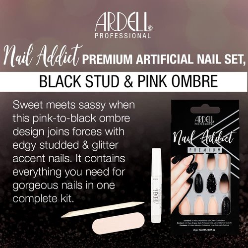 Ardell Nail Addict Premium Artificial Nail Set, Almond Shaped Black Stud & Pink Ombre Jeweled And Matte Press On Nails, 24 Glue On Nails For An Easy Manicure