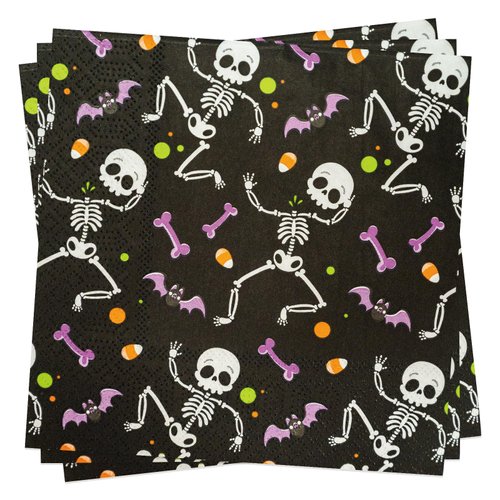 Halloween Party Napkins, Black Skeleton 13in Disposable Paper Napkins, Beverage Napkins 80 Count for Kids Halloween, Costume Party Supplies Table Decorations
