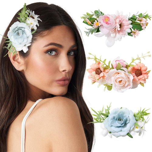 Molans 3 PCS Hawaiian Flower Hair Clips, Artificial Flower Hair Barrettes for Women Girls, Tropical Chiffon HairPins Accessories for Wedding Bridal Beach Party（Blue/Camellia/Pink)