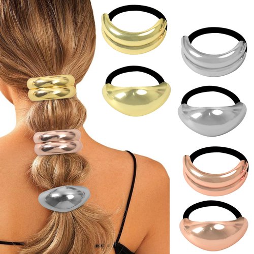 6Pcs Metal Hair Tie Metal Geometric Elastic Hair Ties Gold Hair Accessories Metal Ponytails Cuffs Gold Hair Cuffs Elastic Hair Ties for Women