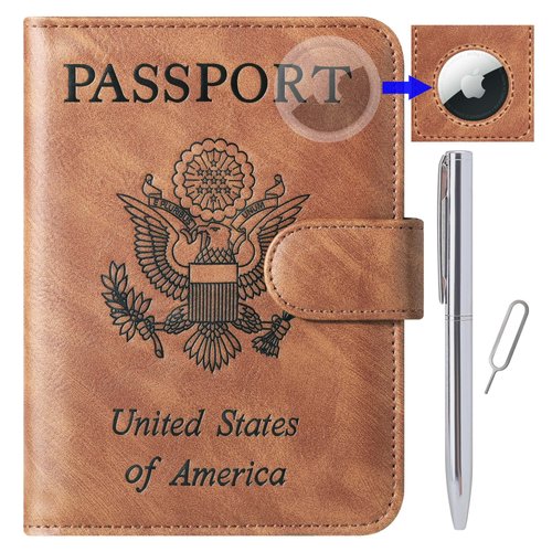Airtag Passport Holder Cover Wallet Travel Essentials Leather Travel Wallet Rfid Blocking Case Vacation Travel Must Haves Travel Accessories for Men Women (117#Brown)