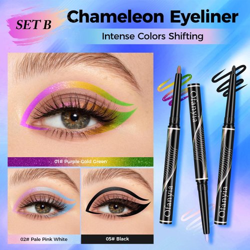 Ofanyia Multichrome Eyeliner Pencil, 3 Pcs Metallic Gel Eyeliner, Purle Pale Pink Matte Black Shifting Colors EyeLiner Pen, Waterproof Eyeliner, Smudge Proof Easy To Color Gel Eyeliner Pencil