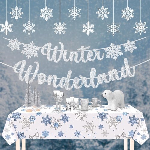 Winter Wonderland Decorations 20Pieces Plastic Snowflakes Hanging Ornaments, Winter Wonderland Banner,Snowflake Tablecloth for Home Bedroom Office White Christmas Winter Onederland Party Supplies