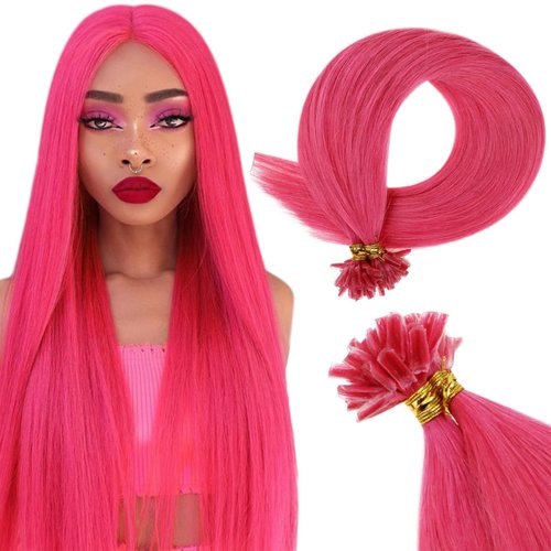 RUNATURE Colored U Tip Hair Extensions Human Hair Hot Pink Remy Human Hair Keratin U Tip Extensions 20 Inch for Women Highlight Nail Tip Hair Extensions Natural 25g 25 Strands