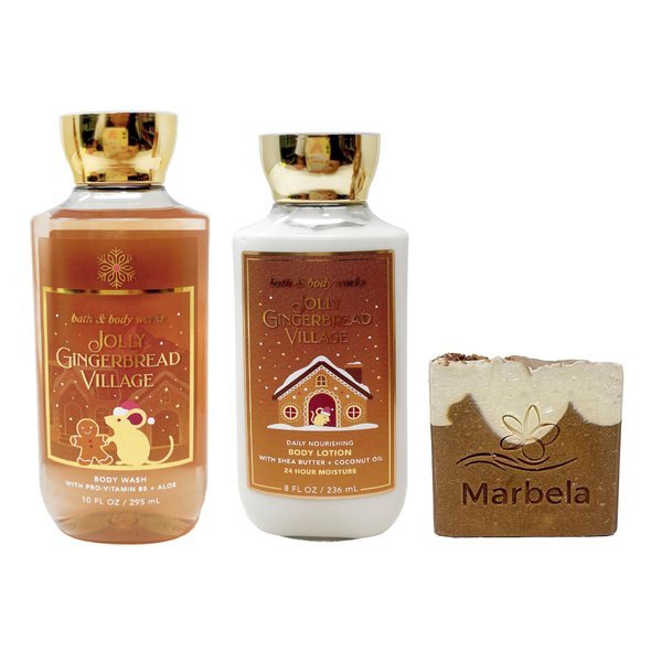 Bath & Body Works Jolly Gingerbread Village - Duo Gift Set - Body Wash and Body Lotion with a Yamma Jamma Bar Soap, Full Size, brown